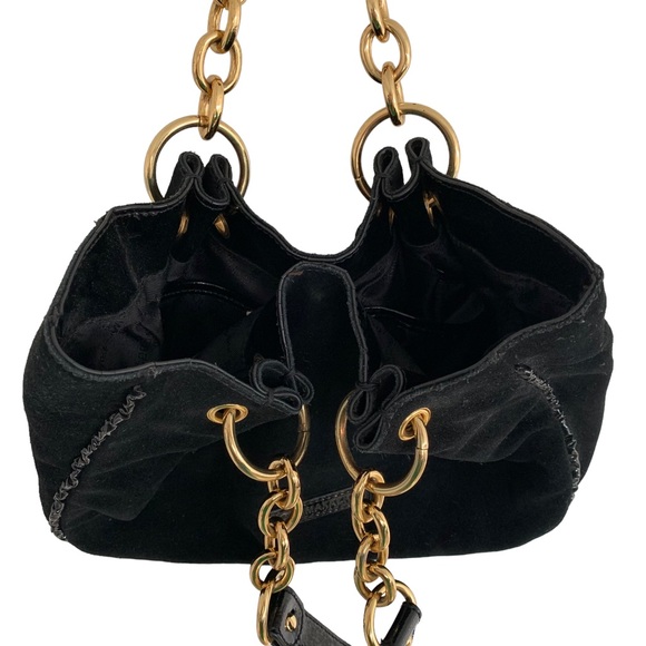 BCBGMAXAZRIA Black Suede Handbag Patent Leather & Gold Tone Chain Handle - Picture 4 of 13